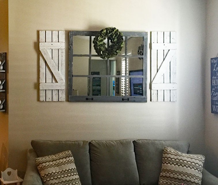Elephant Grey WindowPane Mirror and white shutters